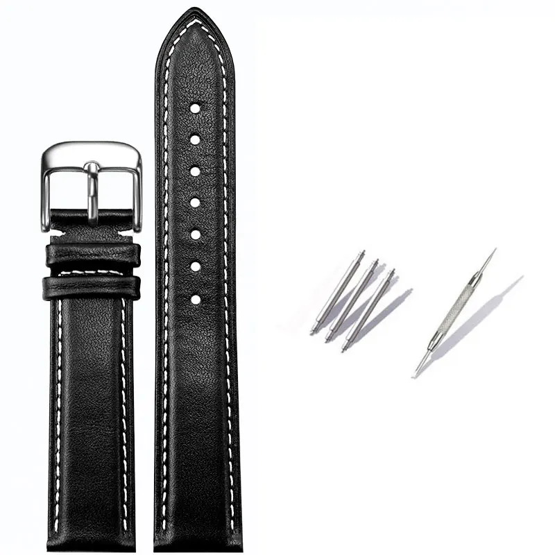 

Black and white watch band Genuine Leather No texture Watchbands 20mm 22mm High QualityWatch Band Strap Steel Pin buckle +Tool