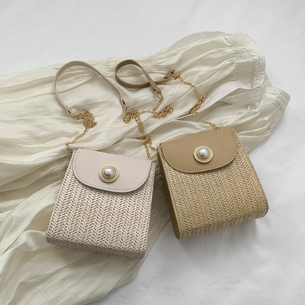 Mini Straw Crossbody Bags Fashion Chain Women Shoulder Bags Summer Beach Vacation Ladies