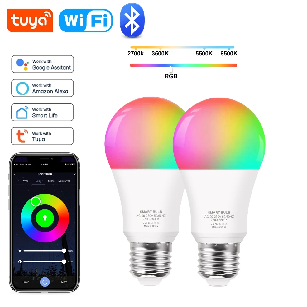  Tuya Wifi Smart Bulb Alexa Led Lamp E27 RGB Smart Light Bulbs 110V 220V Smart Lamps Works With Google Assisatnt Smart Life