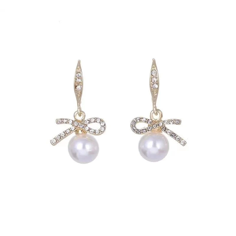 

S3066 Fashion Jewelry Bowknot Faux Pearl Dangle Earrings Rhinestone Inlaid Women Elegant Earrings