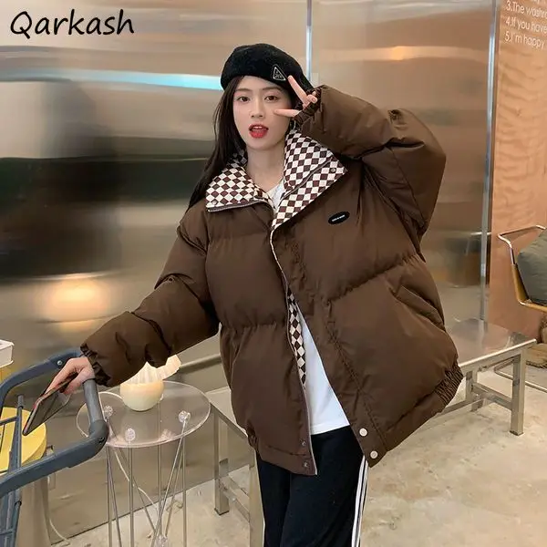 Plaid Short Parka Women Chic Loose Young Sweet Puffer Jackets Ragazze Leisure All-Match Cappotti Caldi Moda Invernale Simple Ins New