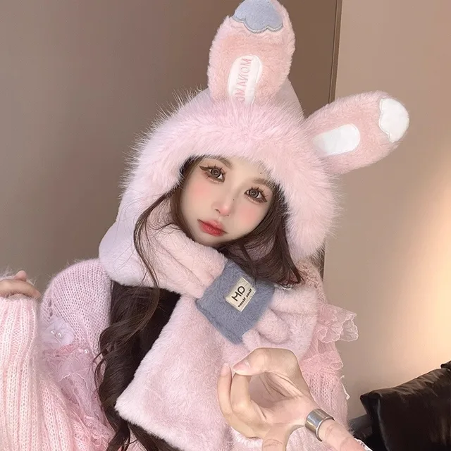 Rabbit Ears Plush Scarf and Hat Two Piece Set 3