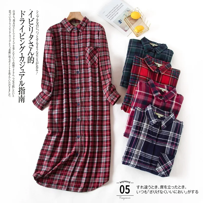 

Flannelette Nightdress Long Sleeve Home Clothes Cotton Plaid Nightgowns Turn-down Collar Shirt Sexy Nightwear Vintage Sleepwear