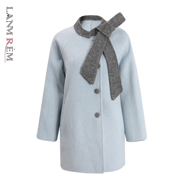 LANMREM Grey And Blue Colorblock Tie Collar Design Women's Double-faced Woolen Coat single Breasted Autumn Witner Clothing G4190