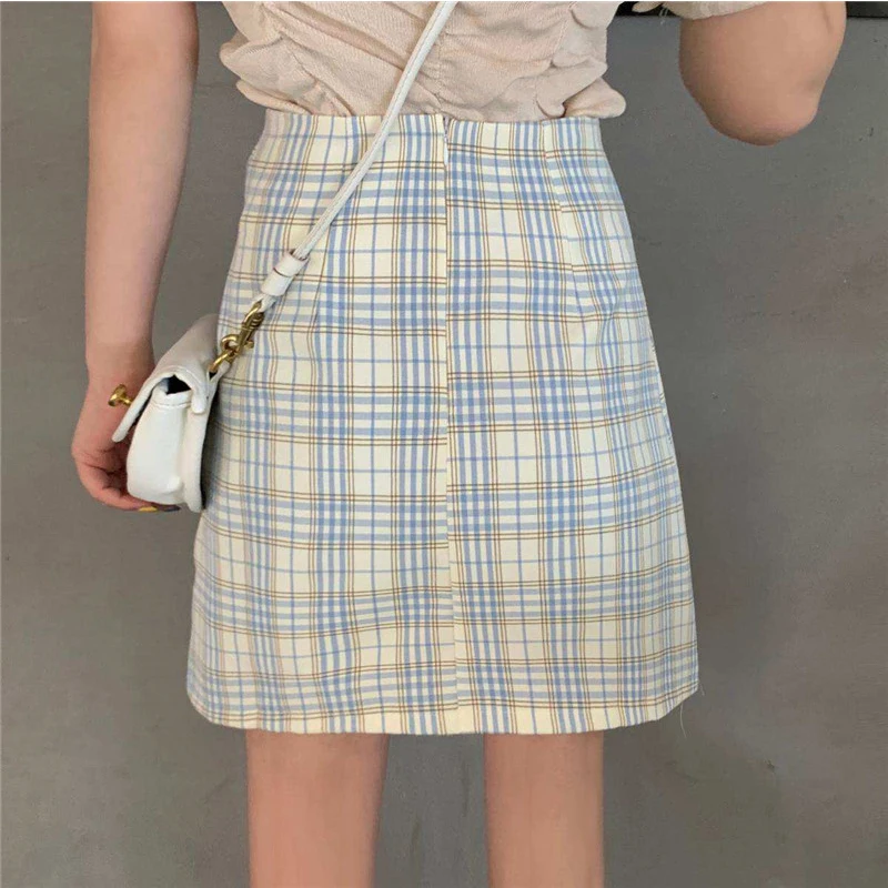 leather skirt 2022 Summer New Sexy Short Skirt Women Retro Bag Hip High-Waisted Skirt Lined Plaid A-Line Skirts School Girls jean skirt