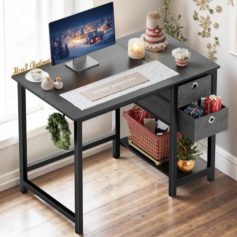 Small Computer Desk, 40X24 Inch Office Writing Work Study Gaming PC Table with 2-Tier Drawers Storage Shelf 2