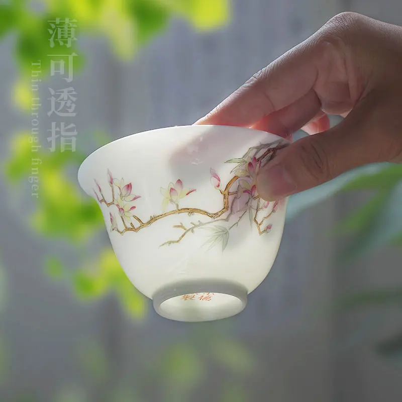 

Jingdezhen Handmade Jade Mud Ceramic Cover Teacup Single Hand Painted Pastel Kung Fu Tea Set Tea Making Three-Piece Tea Bowl