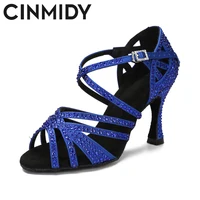 CINMIDY Blue Latin Dance Shoes Women Tango Rumba Ballroom Rhinestones Dance ShoesFor Women Red Wedding Shoes Waltz  Dance Heels 2