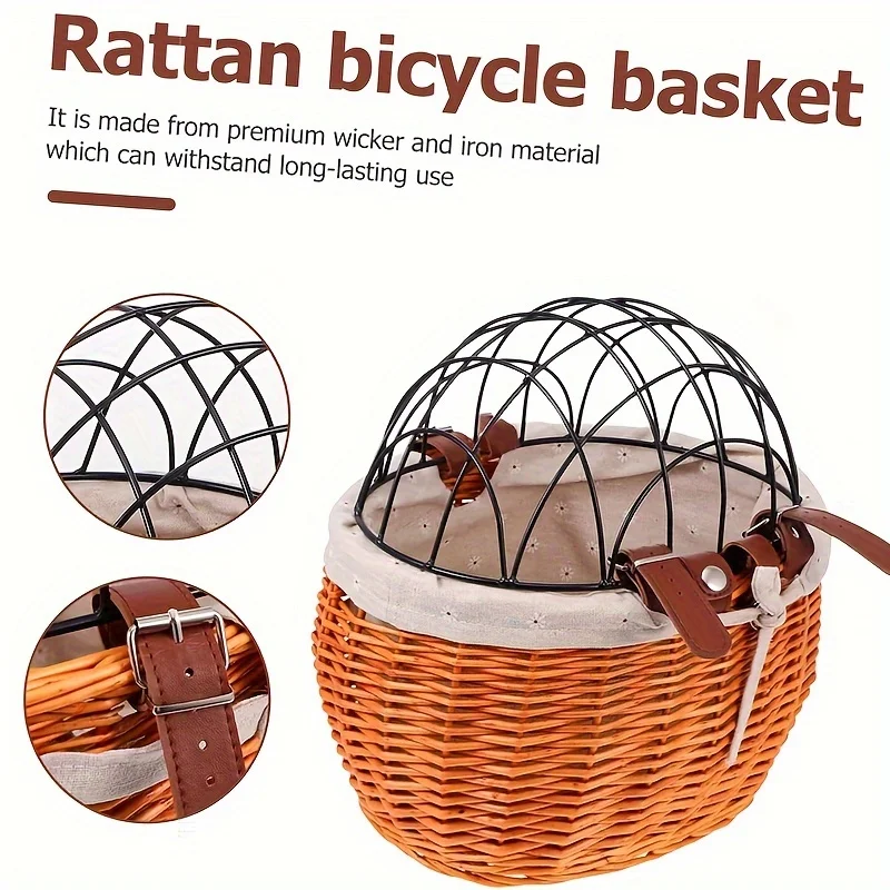 Baisher Woven Rattan Bike Basket with Lid Durable Acrylic Fiber Pet-Friendly Front Carrier for Dogs & Cats