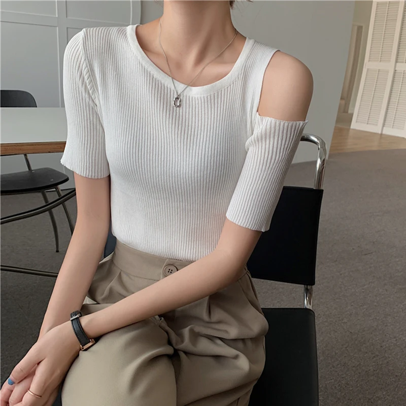 2022 Summer Knitted Sweater Pullovers Off Shoulder Sweater for Women Short Sleeve White Black Soft Female Jumper Clothing pullover sweater Sweaters