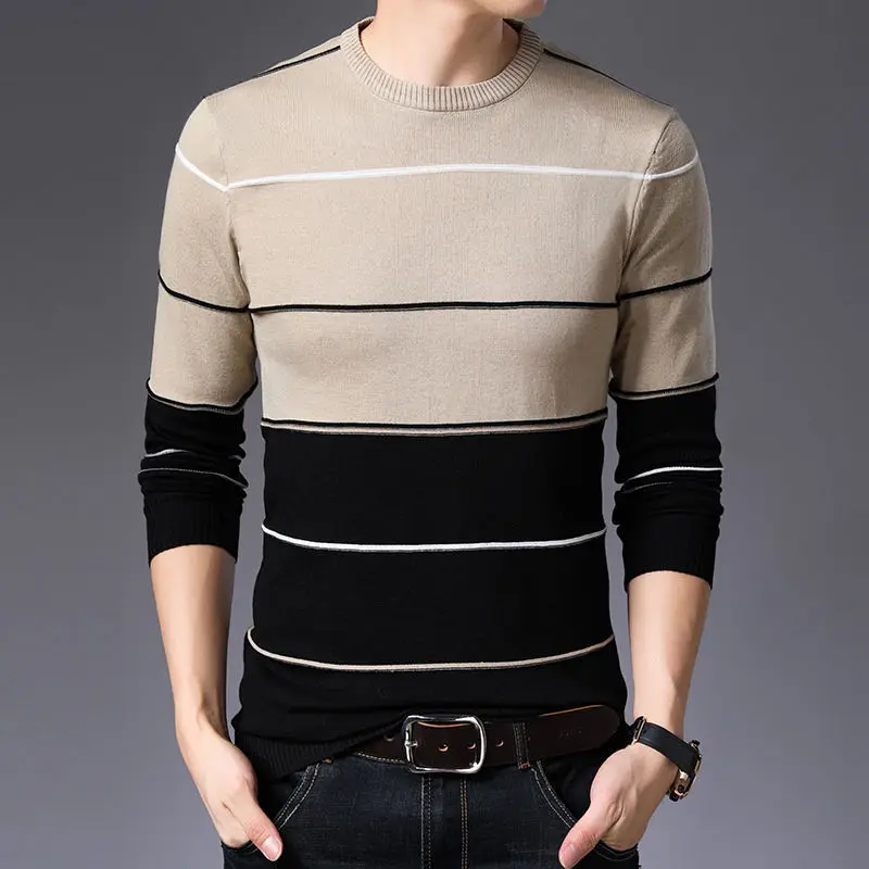 KPOP Fashion Style Harajuku Slim Fit Undershirt Casual All Match Knitwear Insert O Neck Stripe Patchwork Long Sleeve Sweaters