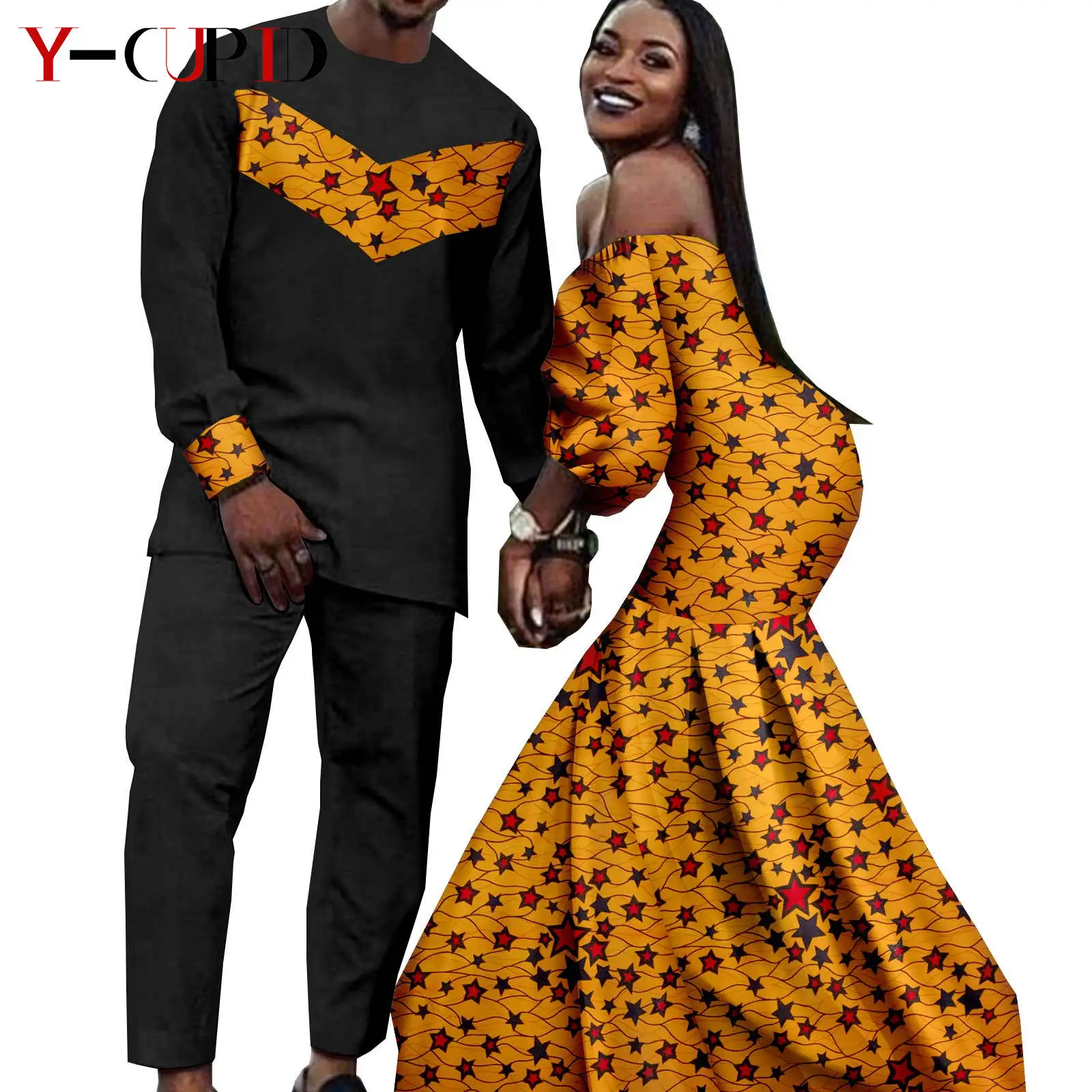 African Print Long Mermaid Dresses for Women Match Men Outfits Dashiki Top and Pants Sets Bazin Riche Couples Clothes Y22C024