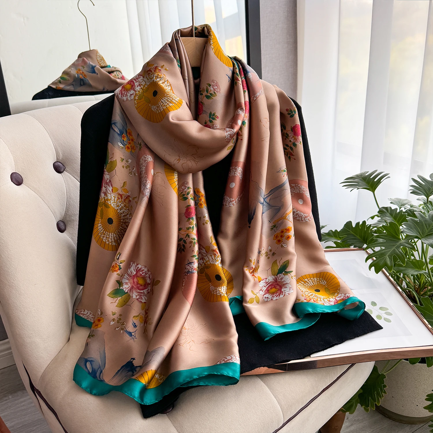 Latest Spring High Quality Soft Silk Scarf Women Ladies Elegant Floral Scarf Fashion Shawl Beach sun Protection Designer Scarf