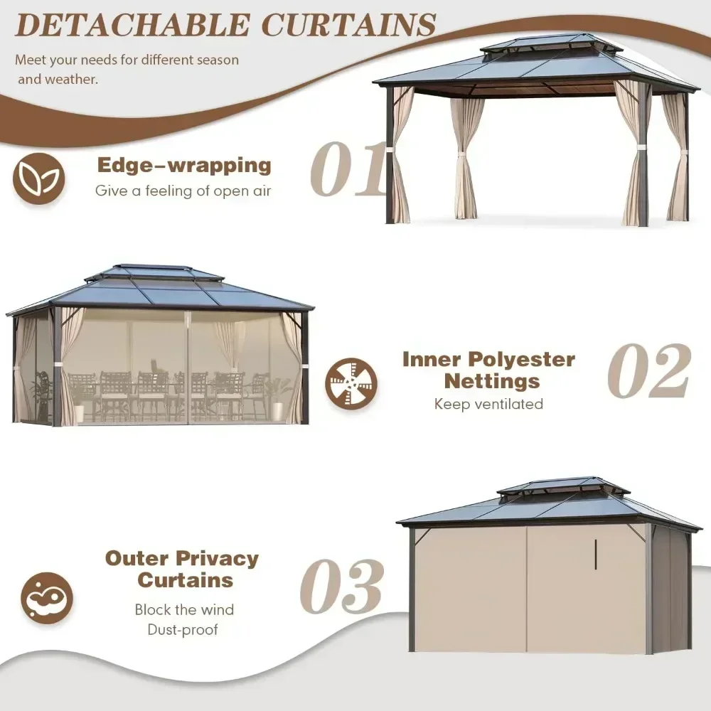Gazebo Polycarbonate Double Roof Canopy Outdoor Aluminum Frame Pergola Permanent Pavilion Netting Curtains