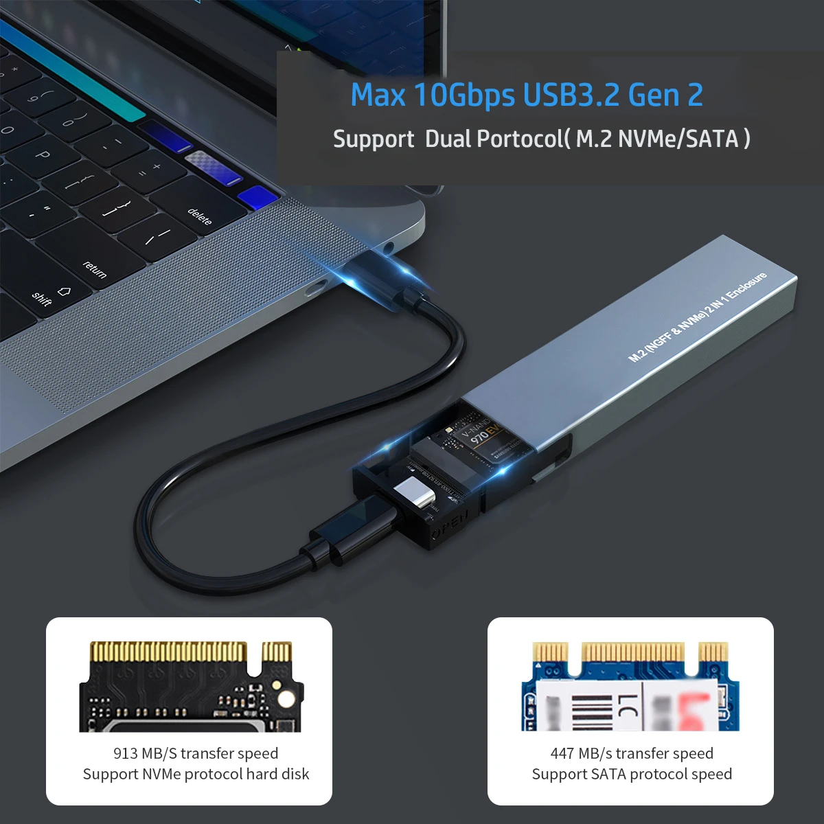 Custodia Doppia NVMe M.2 SANZANG – 10 Gbps USB 3.2 Type-C, Supporta 2 SSD Fino A 4 TB Ciascuno, Dissipazione In Alluminio