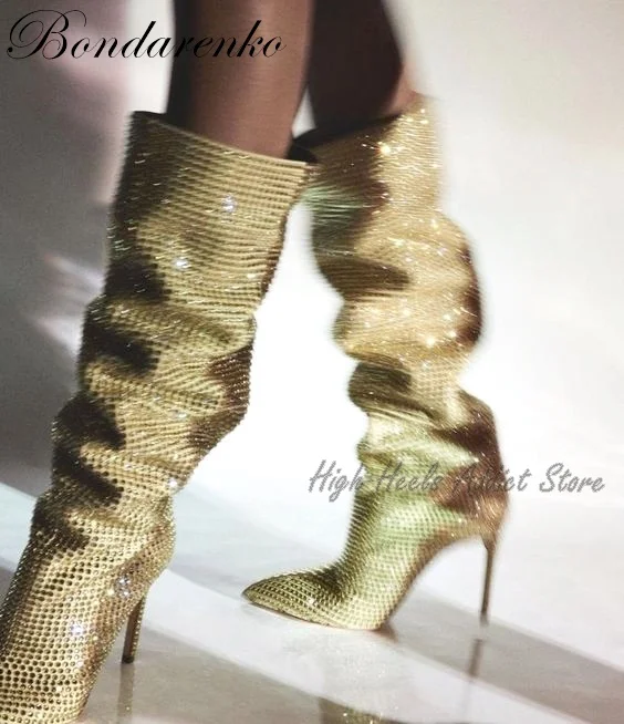 

Women Pleated Crystal Knee-high Boots Embellished Stiletto Pointed Toe Long Boots Sexy Party Plus Size Shoes in Red and Orange