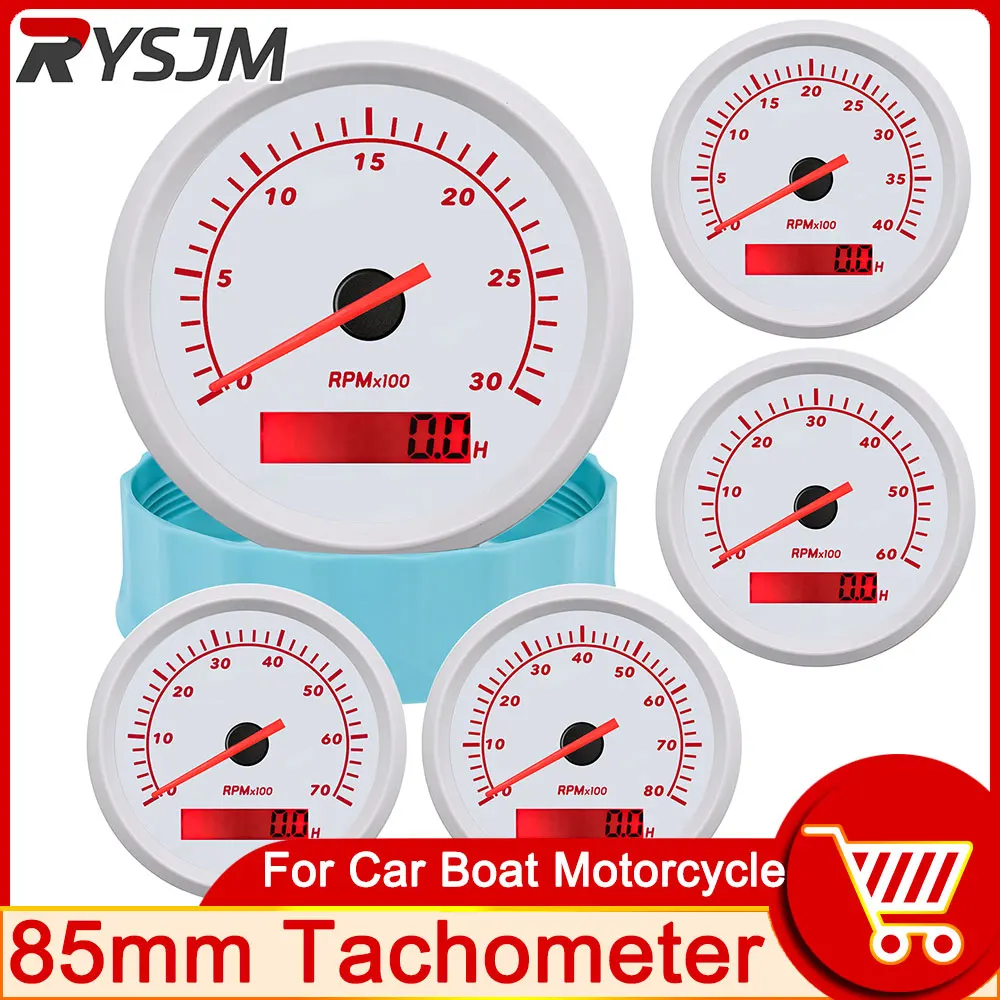 

HD 1pc White 85mm Tachometer RPM Gauge Boat REV Meter with Hour Meter 3000 4000 6000 7000 8000 RPM 12V/24V with Red Backlight