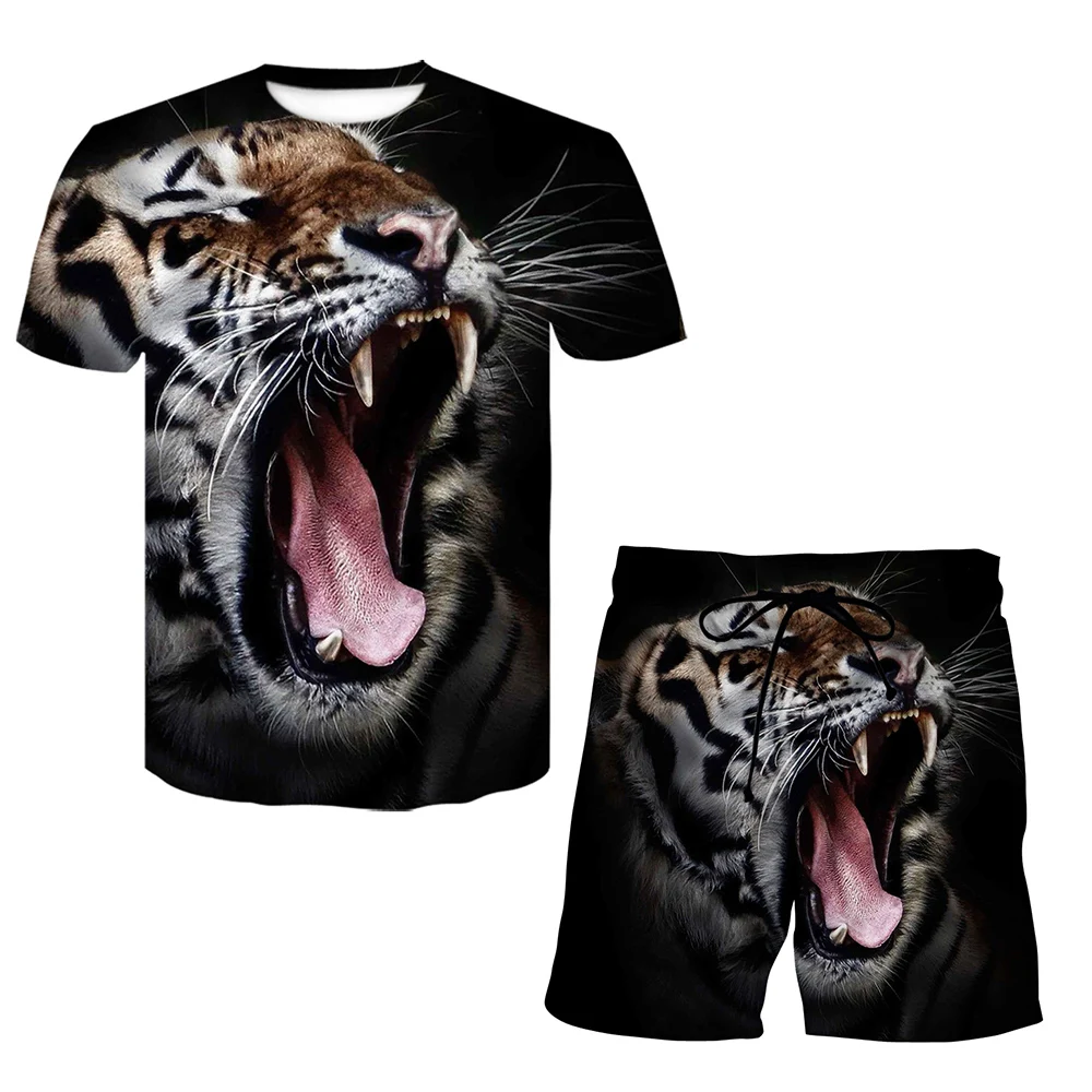 

2022 New Summer Men's Tracksuit Casual Short Sleeve Animal Print Tiger 2 Pieces All-match Set Breathable Oversized