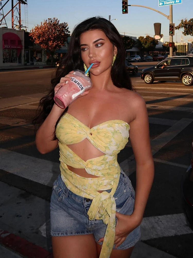 Nibber Floral Print Kink Tank Tops Women Low-Neck Hollow Folds Bandage Tassel Skinny Sexy Midnight Music Festival Streetwear