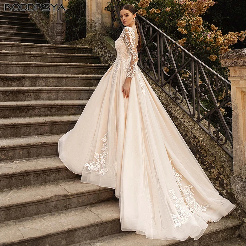 RODDRSYA Lace Long Sleeves Weeding Dress Vintage Backless Button Tulle A-Line Bridal Gown Appliques Vestido De Novia Custom Made 3