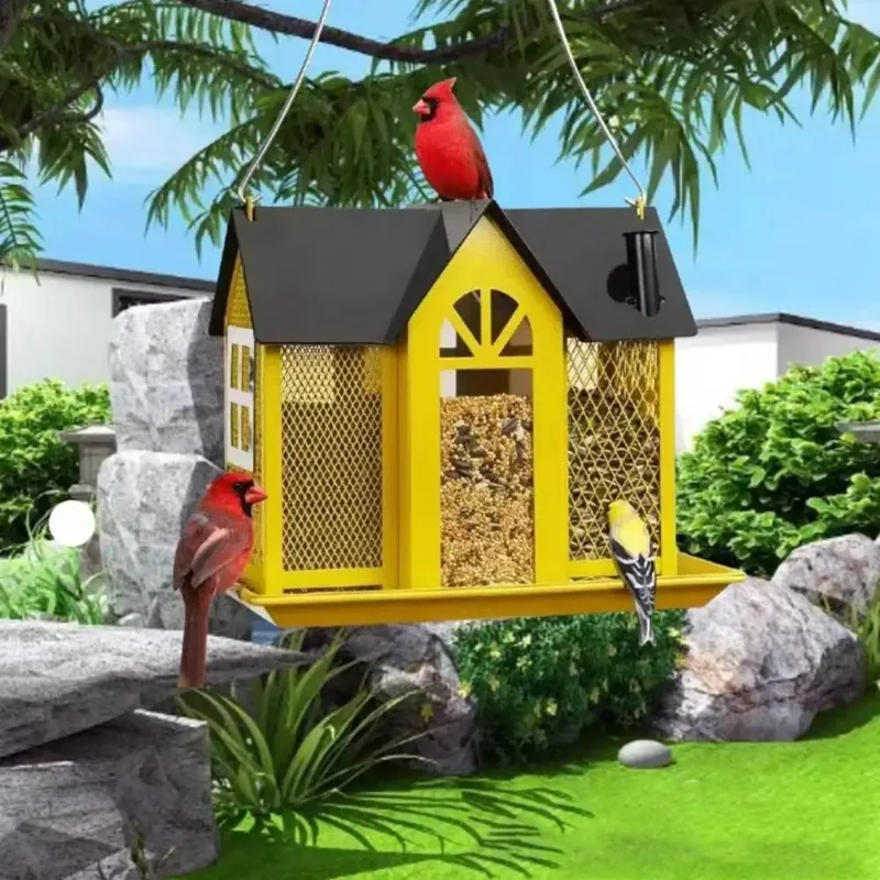 รูปสินค้า สวนแขวน House BIRD Feeder 3 ช่องขนาดใหญ่ความจุตกแต่งลานกลางแจ้งด้านนอกโลหะกระรอก Hummingbird Feedin