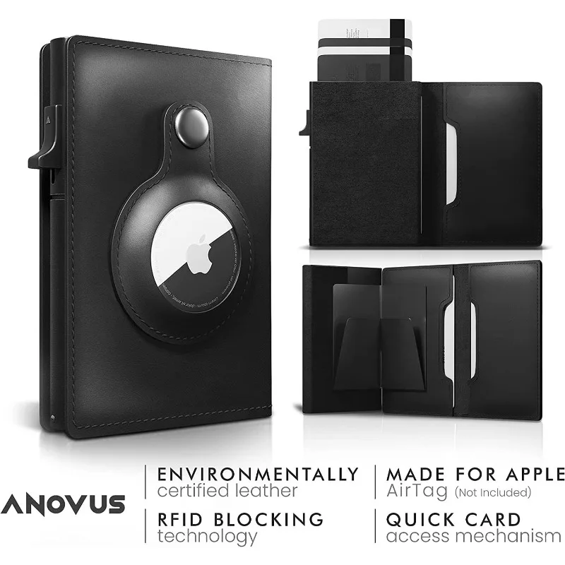 CASEKEY Men Cow Leather Smart Airtag Wallet RFID Crazy Horse Premium Leather Magnetic Closure Pop Up Credit Air Tag Card Holder