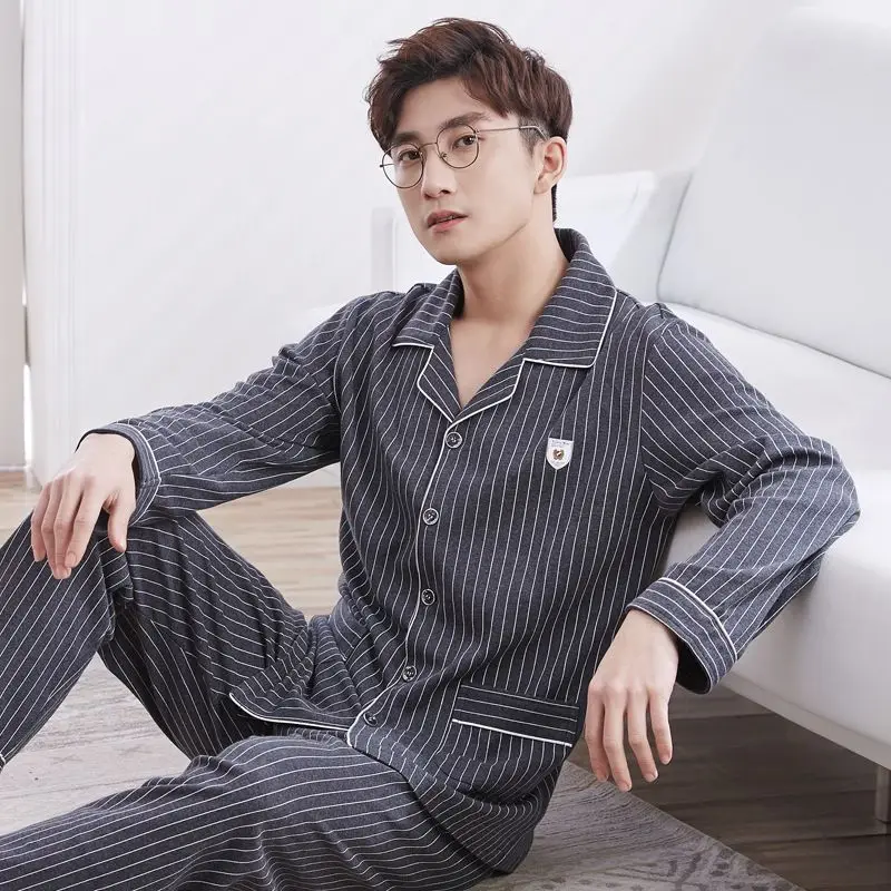 yidanna 2021 long sleeved pajama set men cotton plus size sleepwear male sleep clothing nightie casual cartoon pyjama in autumn Boys Pajamas Men's Spring Autumn Loungewear Pure Cotton Long Sleeved Home Clothing Suit Male Thin Casual Plus Size Sleepwear Set