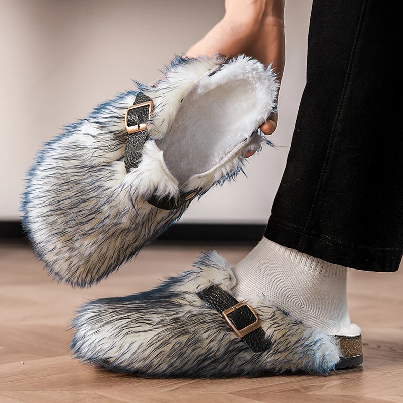 2025 Winter Short Plush Cotton Shoes Trend Casual Warm Slides Zapatos De Mujer Men Fur Suede Flats Slippers Platform Mules New
