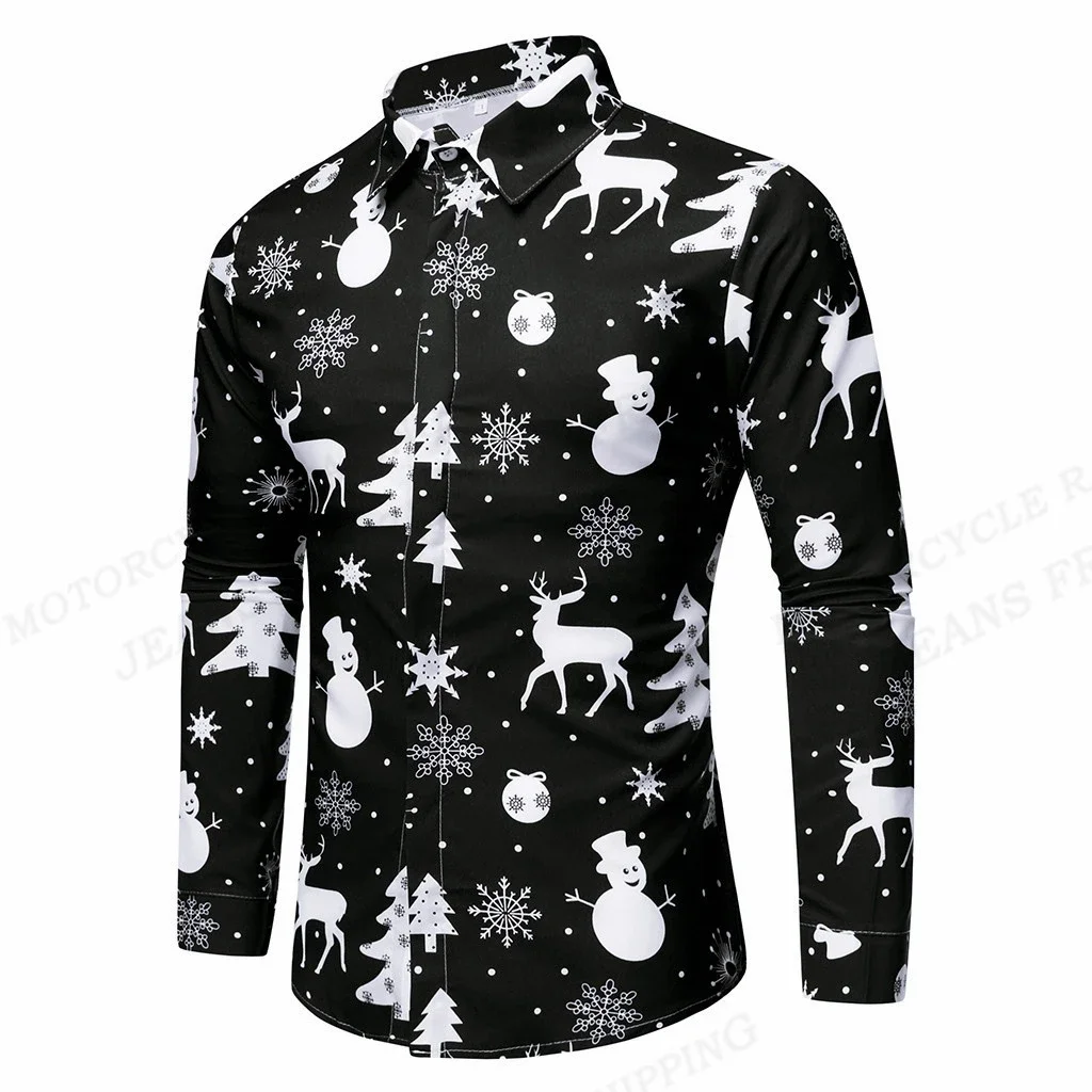 Christmas Snowflake Hawaiian Shirt Christmas Reindeer Print Shirt Men's Fashion Shirt Snowman Long Sleeve Beach Shirt Men's