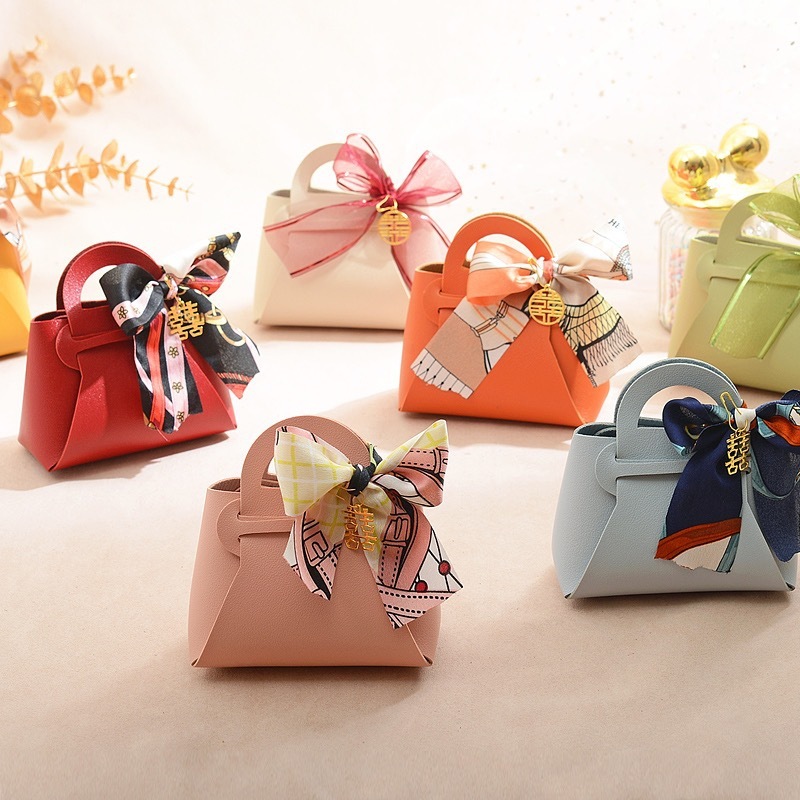 5pcs Leather Candy Bags Colorful Snack Cookie Gift Bag Wedding Favour Bag Packaging Box Handbag with Ribbon Party Decor Supply
