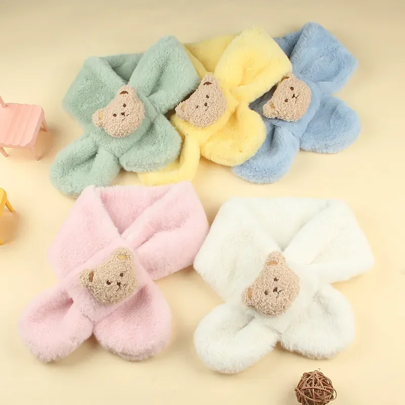Baby Scarf Winter Warm Plush Baby Scarf Cute Caroon Bears Boy Girl Scarves Newborn Toddler Faux Fur Children Cross Neckerchief Baby Shawls
