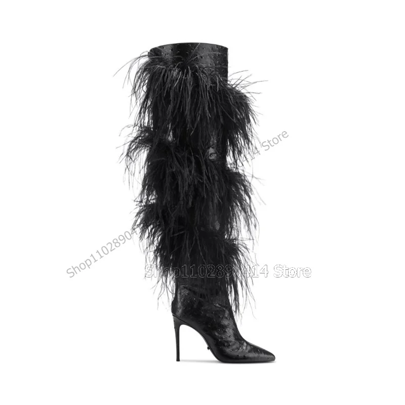 

Black Ostrich Pattern Feather Decor Pointy Toe Boots Back Zipper Women Shoes Thin High Heels New Runway 2023 Zapatos Para Mujere