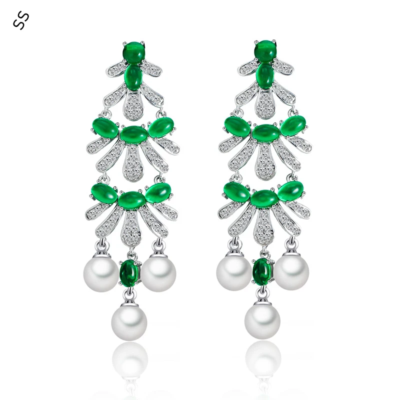 

Emerald Long Pearl Pendant Earrings Retro Light Luxury Palace Style High Sense Evening Dresses Stud-earrings Wholesale Trendy