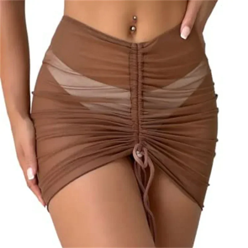 Sexy Women Mesh Shirring Micro Mini Skirt Sheer See Through Bandage Short Skirts Lift Butt Fashion Ladies Club Outfits Dress