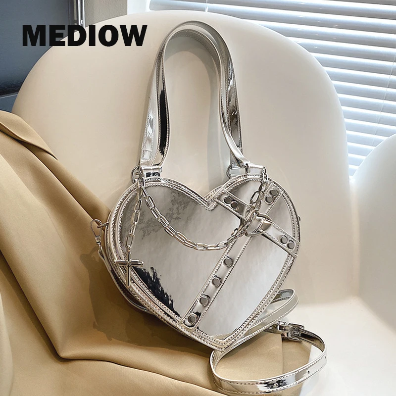 

MEDIOW Korean Y2K Heart Shaped Bags For Women Luxury Designer Handbag And Purses 2023 New In Patent Leather Chain Rivet Shoulder