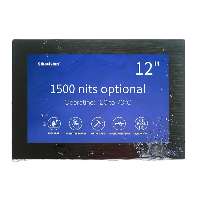 Pantalla táctil LCD industrial para exteriores, monitor de 12 pulgadas resistente al agua IP67, 1280x800 de gran temperatura