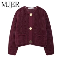 MUJER Knitted Cropped Cardigan for Women Autumn Short Sweaters Cardigans Women Knitwears Long Sleeve Button Women's Cardigan