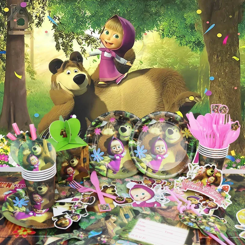 Mashas and Bear Birthday Party Decoration Cartoon Theme Balloons Kids Event Supplies Disposable Tableware Backdrop