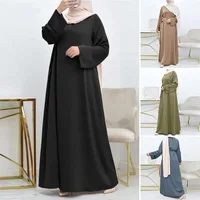 Vintage Spring Muslim Dress Malay Simple Solid Women Abaya O-neck with Belt Big Size Long Sleeves Robe Femme Loose Turkey Kaftan