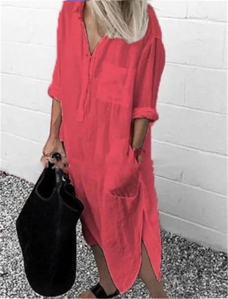 Women Dress Summer Shirt Long Dress Women Casual Long Sleeve Side Split Button Dresses Female Elegant Solid Color Pocket Loose Dresses