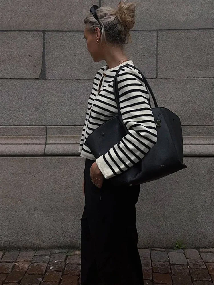 Suéter de punto a rayas, cárdigan, abrigo para mujer, suelto, de manga larga, a la moda, ajustado, con parches en contraste, prendas de vestir exteriores, abrigo de punto de verano