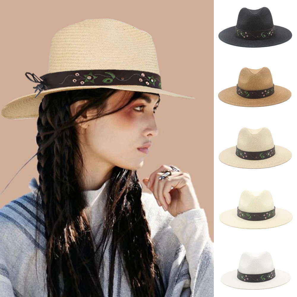 

Men Women Soft Straw Panama Hats Summer Sunhats Wide Brim Caps Sombrero Beach Fedora Trilby Outdoor Travel US Size 7 1/4 UK L