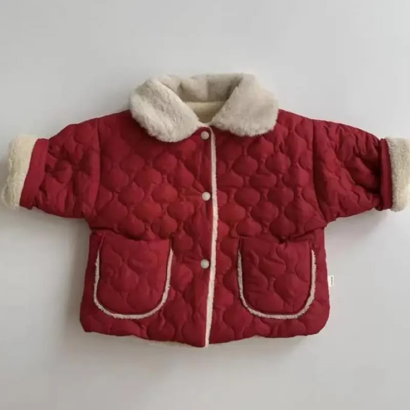 Autumn Winter Ins Children Plus Velvet Thicken Cotton Coat Girl Baby Fashion Solid Lapel Tops Kid Boy Fleece Warm Casual Jacket