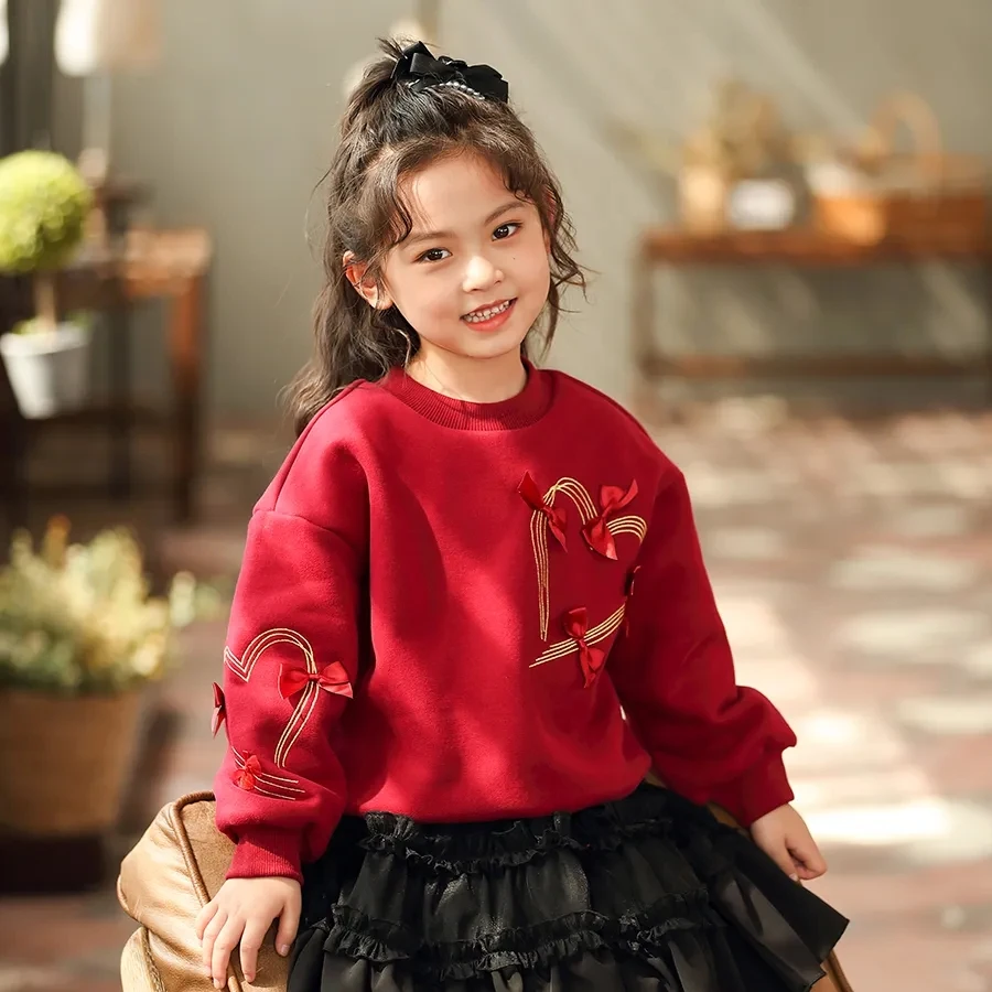 

2023 Spring Girls Red O Neck Sweatshirts with Bow 4-14Years Kids Loose Velvet Hoodies for Girls Casual Cute Long Sleeve Shirt 8
