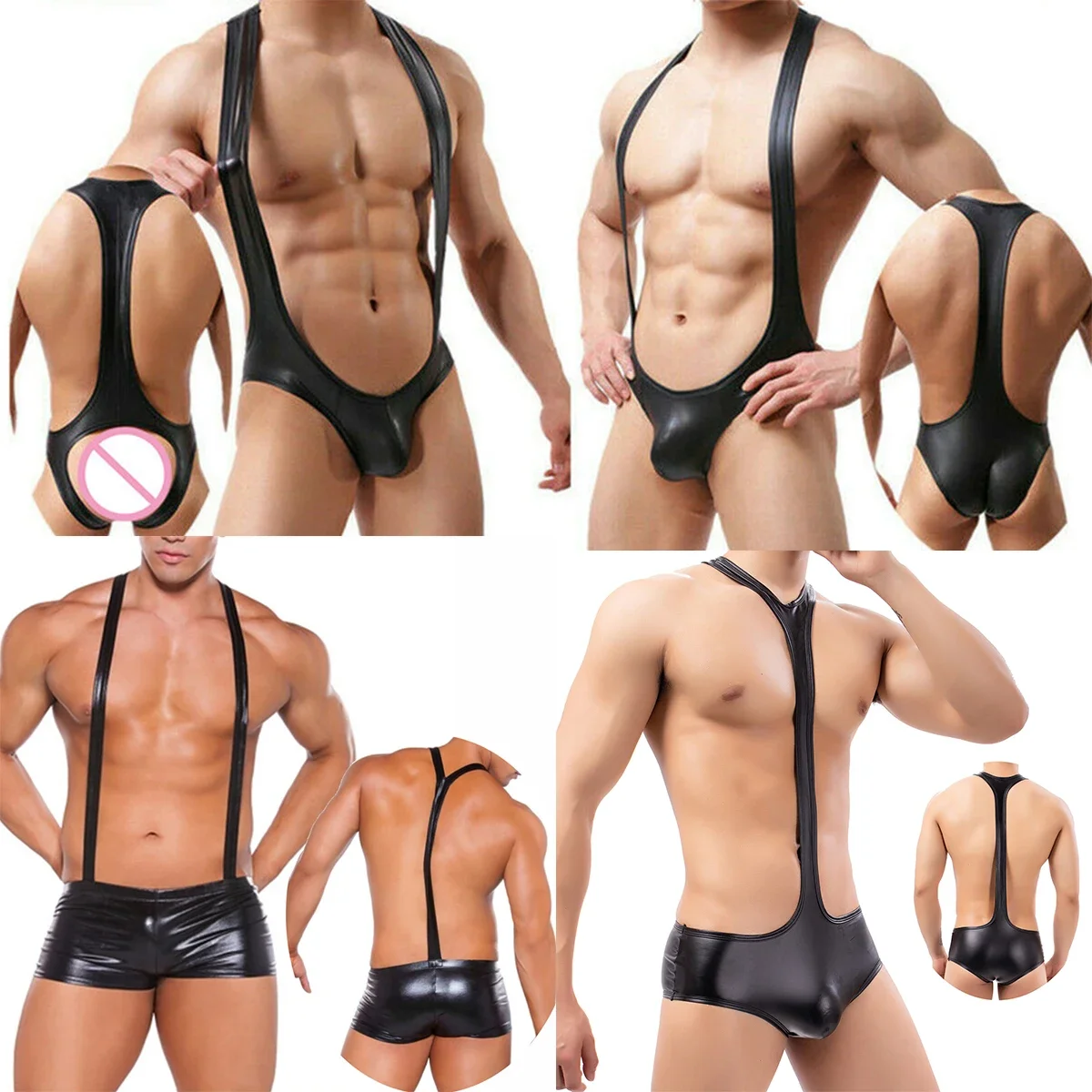 Sexy Mens Undershirts PU Leather Bodysuit One-Piece Leotard Clubwear Wrestling Singlet Gay Backless Briefs Penis Pouch Jumpsuits men underwear