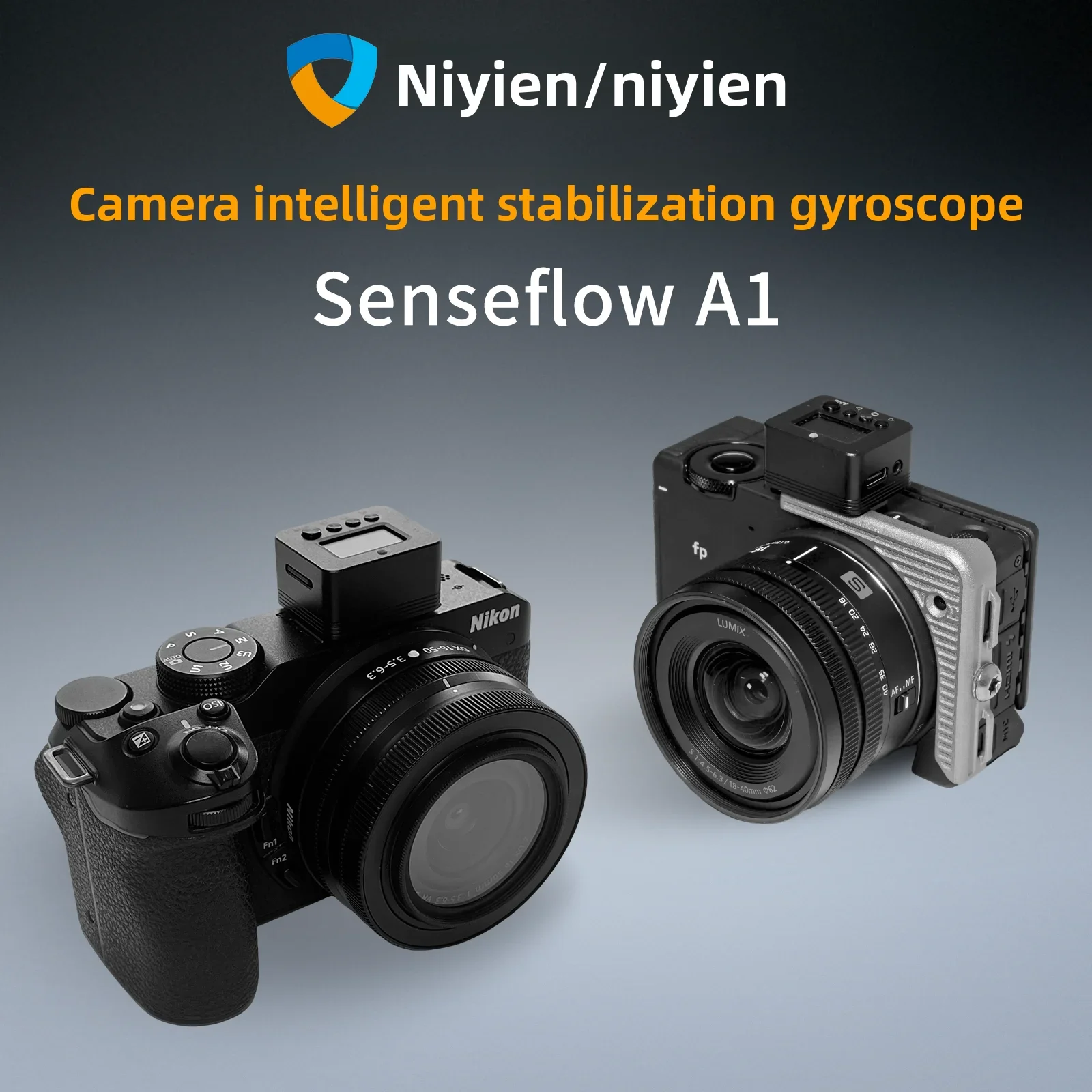 Le Stabilisateur Intelligent NiYien Sense Flow A1 en action, stabilisant une caméra lors d'un vol dynamique en extérieur.