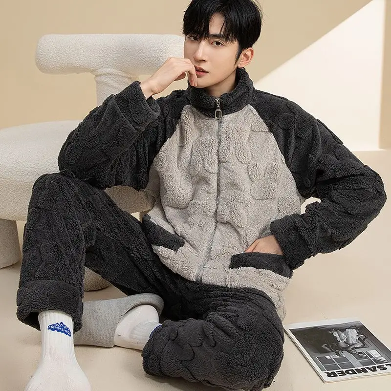 

Men's Pajamas Coral Fleece Autumn and Winter Zipper Thickened Long Sleeves Warm Flannel A Loungewear Set Can Be Worn Outside