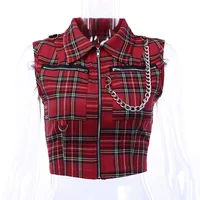 Women T-shirt Plaid Punk Streetwear Zipper Chain Plaid Female Goth Retro Hi Hop Camis Top Gothic Chic Sexy Crop Tops - Image 6