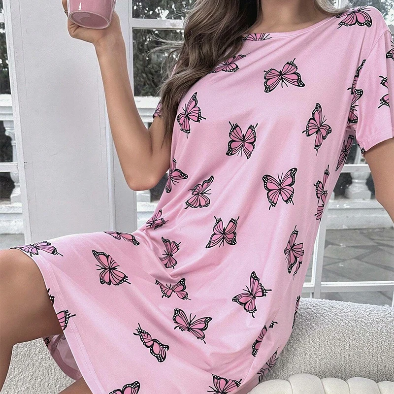 Women's Nightdress Summer Short Sleeve Sleep Shirt Round Neck T-shirt Dress Soft Nightgowns Home Clothes Sleepwear & Loungewear women nightgowns women nightdresses sleeping dress