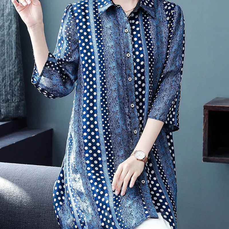 Vintage Printed Polka Dot Loose Chiffon Shirts Women's Clothing 2024 Spring Summer New Oversized Casual Tops All-match Blouses
